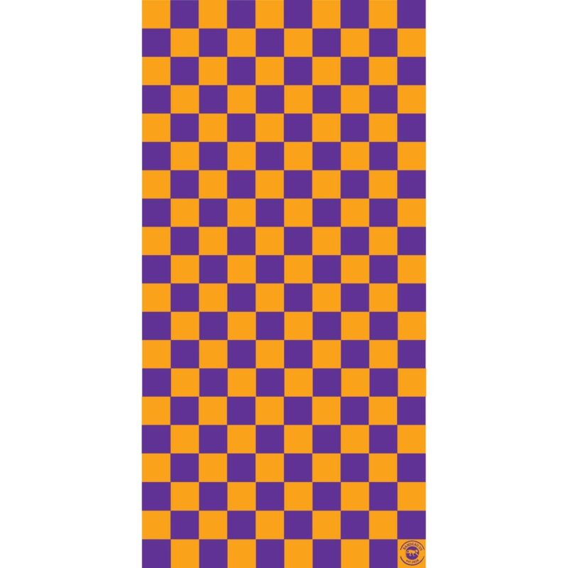 Checkered Tube Headband A grid of alternating orange and purple squares fills the entire vertical space creating a checkerboard pattern with sharp contrast and a visually engaging design