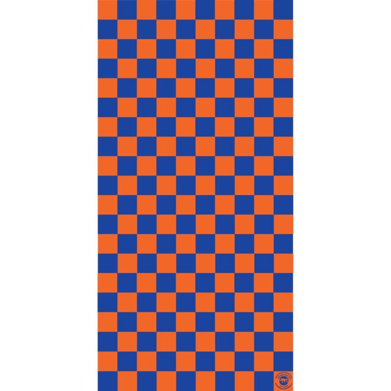 A rectangular pattern of alternating orange and blue squares fills the entire canvas creating a checkerboard effect without any text or images present in the background.
