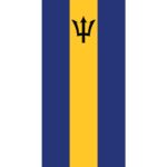 A vertical flag features three vertical stripes with the left and right in white and dark blue respectively while the center is yellow displaying a black trident symbol in the middle.