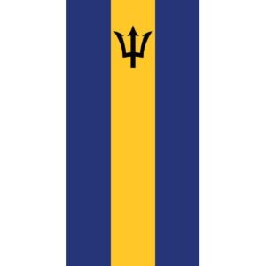 A vertical flag features three vertical stripes with the left and right in white and dark blue respectively while the center is yellow displaying a black trident symbol in the middle.