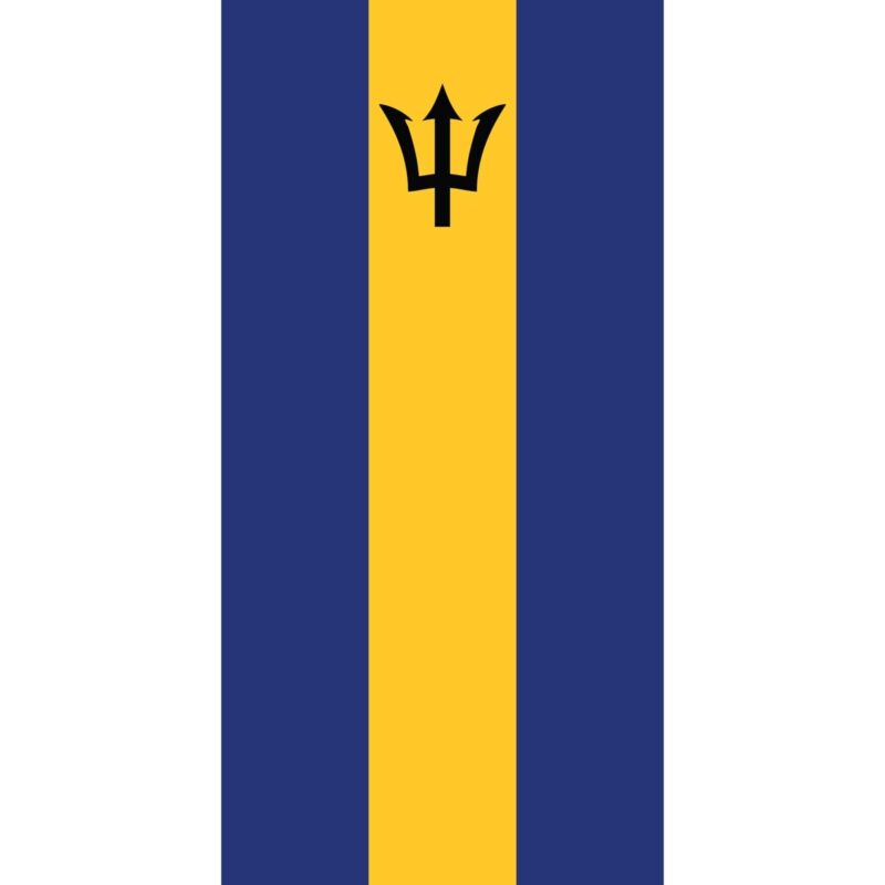 A vertical flag features three vertical stripes with the left and right in white and dark blue respectively while the center is yellow displaying a black trident symbol in the middle.