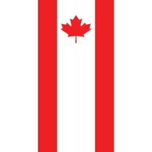 A red and white flag features a prominent red maple leaf at the center between two vertical red stripes on a white background symbolizing Canada