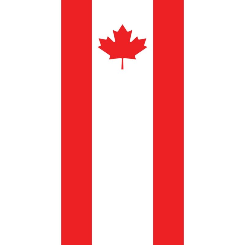 A red and white flag features a prominent red maple leaf at the center between two vertical red stripes on a white background symbolizing Canada