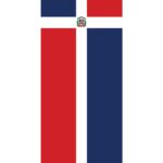A rectangular flag with vertical stripes of blue red and white featuring a central white cross and a coat of arms at its intersection in the center