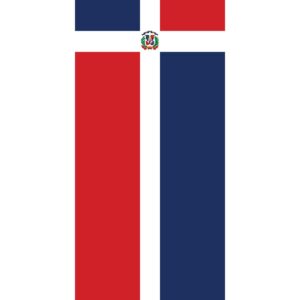 A vertical flag features a blue and red color scheme with a central white cross the coat of arms is placed in the center of the cross