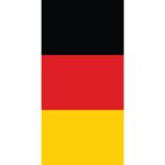 A vertical tricolor flag with black at the top red in the middle and yellow at the bottom against a white background representing the national colors of Germany.