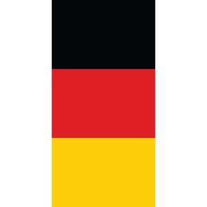 A vertical tricolor flag with black at the top red in the middle and yellow at the bottom against a white background representing the national colors of Germany.