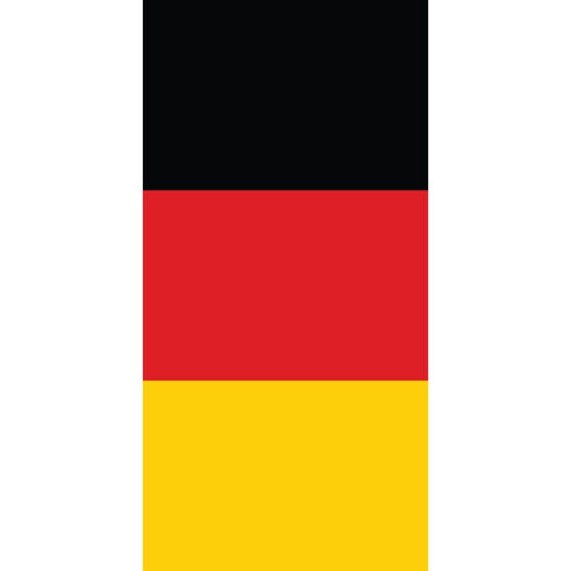 A vertical tricolor flag with black at the top red in the middle and yellow at the bottom against a white background representing the national colors of Germany.