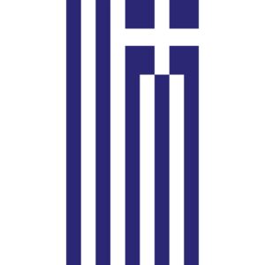 A blue geometric design with vertical and horizontal elements shaped like lines and a cross creating a bold and modern pattern set against a white background