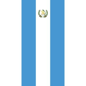 A flag with three vertical stripes featuring two light blue stripes on the outer edges and a white stripe in the center displaying a coat of arms with a scroll and crossed weapons