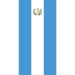 A vertical flag features two blue stripes on the outer edges and a white stripe in the center displaying a national emblem that includes a scroll and laurel branches.