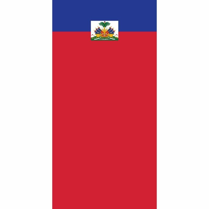 Country Flag Tube Headband A flag with a blue top section and a red bottom section displays a coat of arms at the center featuring a palm tree surrounded by various symbols representing Haiti.