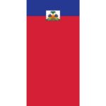 A rectangular flag with blue at the top red underneath and a central coat of arms featuring a palm tree and various symbols representing Haiti's heritage and independence.