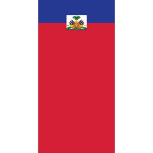 A rectangular flag with blue at the top red underneath and a central coat of arms featuring a palm tree and various symbols representing Haiti's heritage and independence.