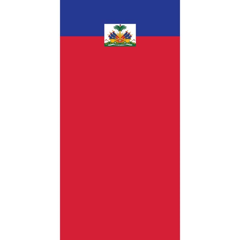 Country Flag Tube Headband A rectangular flag with blue at the top red underneath and a central coat of arms featuring a palm tree and various symbols representing Haiti's heritage and independence.