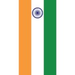 A vertical tricolor flag consists of orange and green vertical bands on either side of a white central band featuring a blue wheel emblem in the center