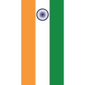A vertical tricolor flag consists of orange and green vertical bands on either side of a white central band featuring a blue wheel emblem in the center