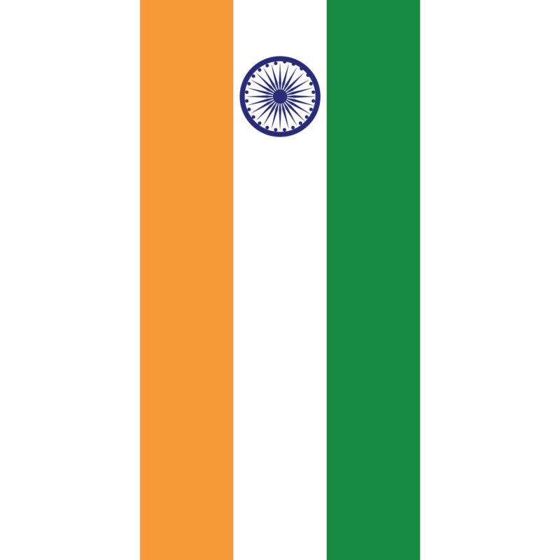 A vertical tricolor flag consists of orange and green vertical bands on either side of a white central band featuring a blue wheel emblem in the center