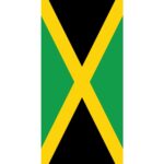 A rectangular flag features a diagonal yellow cross dividing three sections: black at the top and bottom and green on the left and right sides  symbolizing Jamaican heritage and culture.
