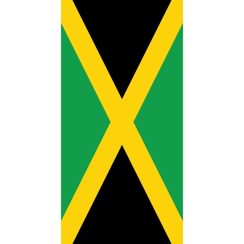 Country Flag Tube Headband A rectangular flag features a diagonal yellow cross dividing three sections: black at the top and bottom and green on the left and right sides symbolizing Jamaican heritage and culture.