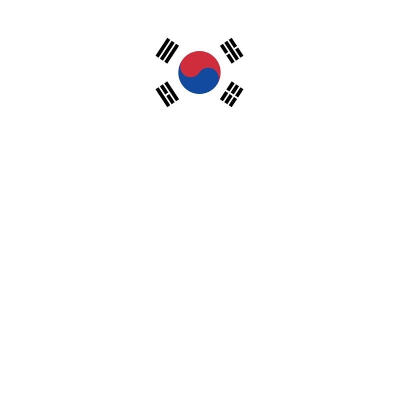 A circular emblem features a blue and red yin-yang symbol at the center surrounded by four black trigrams of the South Korean flag on a white background.