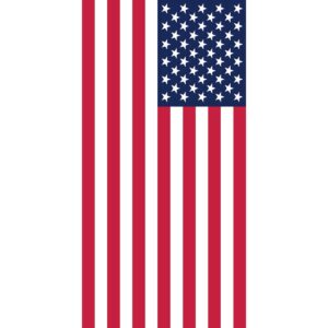 Red and white striped flag with a blue rectangular field in the upper left corner filled with white stars representing the United States of America.