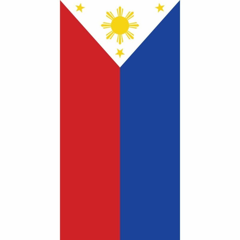 A rectangular flag features a red Bandana triangle on the left blue on the right and a white Bandana triangle at the top with a yellow sun and three stars against a white background.