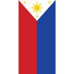 A rectangular flag features red on the left blue on the right and a white Bandana triangle at the top with a yellow sun and three stars positioned within the triangle.