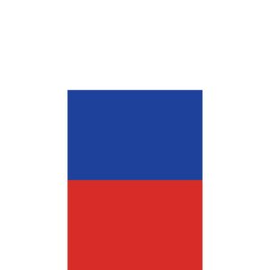 A rectangular flag features three horizontal stripes colored white at the top blue in the middle and red at the bottom set against a plain white background