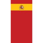 A red flag features a horizontal yellow stripe in the center and displays the Spanish coat of arms on the stripe  symbolizing national identity in a clear and bold design.