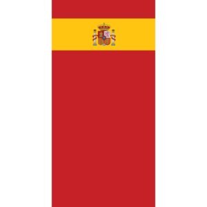 A red flag features a horizontal yellow stripe in the center and displays the Spanish coat of arms on the stripe  symbolizing national identity in a clear and bold design.