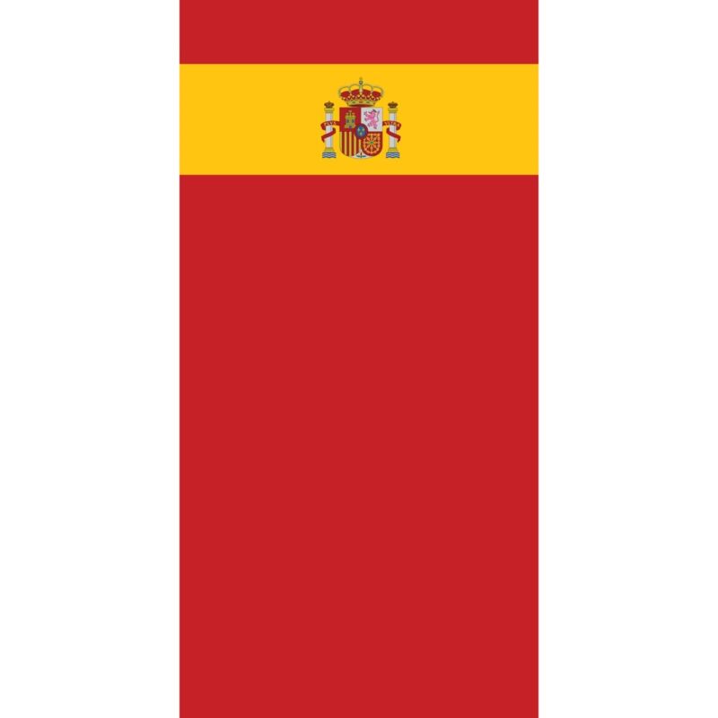 A red flag features a horizontal yellow stripe in the center and displays the Spanish coat of arms on the stripe  symbolizing national identity in a clear and bold design.