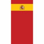 A rectangular flag with red and yellow horizontal stripes featuring a coat of arms in the center symbolizes Spain displayed prominently against a white background.