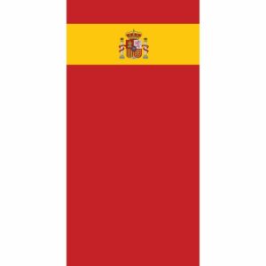A rectangular flag with red and yellow horizontal stripes featuring a coat of arms in the center symbolizes Spain displayed prominently against a white background.