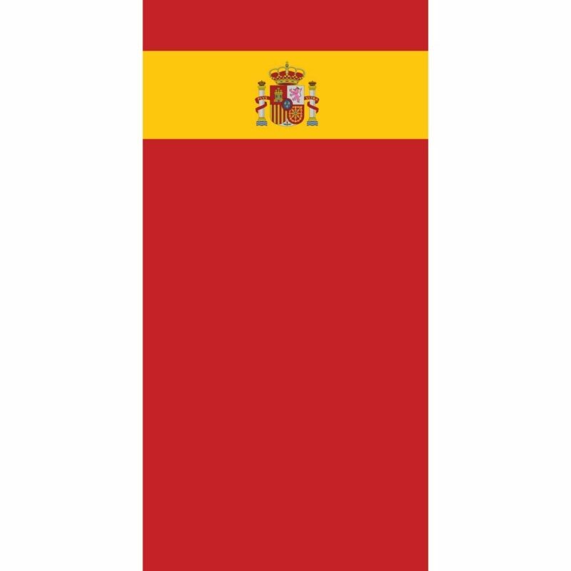 A rectangular flag with red and yellow horizontal stripes featuring a coat of arms in the center symbolizes Spain displayed prominently against a white background.