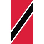A flag features a red field with a diagonal black stripe bordered by white on the left side and white on the right side.