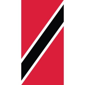 A flag features a red field with a diagonal black stripe bordered by white on the left side and white on the right side.
