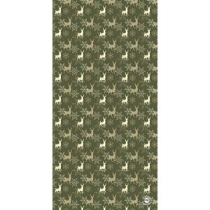 A repeating pattern features light-colored deer and snowflakes on a dark green background creating a festive-themed design suitable for winter decorations or textiles.