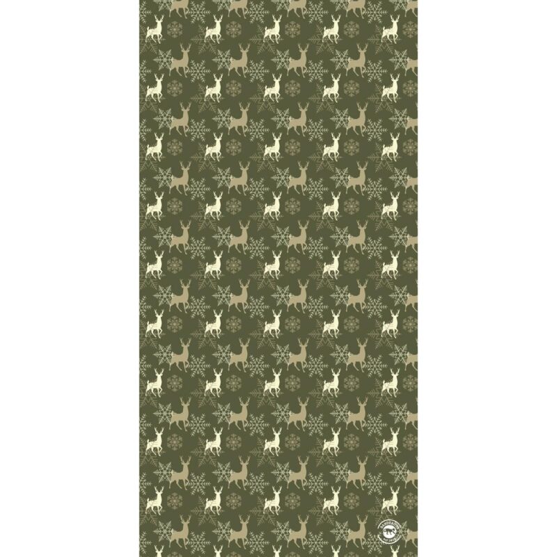A repeating pattern features light-colored deer and snowflakes on a dark green background creating a festive-themed design suitable for winter decorations or textiles.