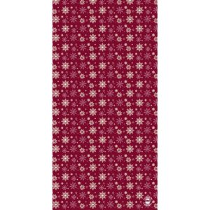 A repeating pattern of various snowflakes in cream and light pink on a deep red background creates a festive winter atmosphere suitable for seasonal decor or wrapping paper.