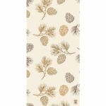 A beige background features various pinecones and pine branches intricately illustrated in gold and brown tones creating a natural  textured pattern suitable for decorative purposes.