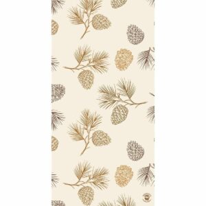 A beige background features various pinecones and pine branches intricately illustrated in gold and brown tones creating a natural  textured pattern suitable for decorative purposes.