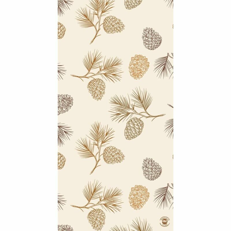 A beige background features various pinecones and pine branches intricately illustrated in gold and brown tones creating a natural  textured pattern suitable for decorative purposes.