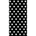 A black background features evenly spaced large white polka dots arranged in a grid pattern creating a bold contrasting design suitable for various decorative or fashion applications