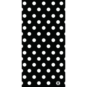 A black background features evenly spaced large white polka dots arranged in a grid pattern creating a bold contrasting design suitable for various decorative or fashion applications