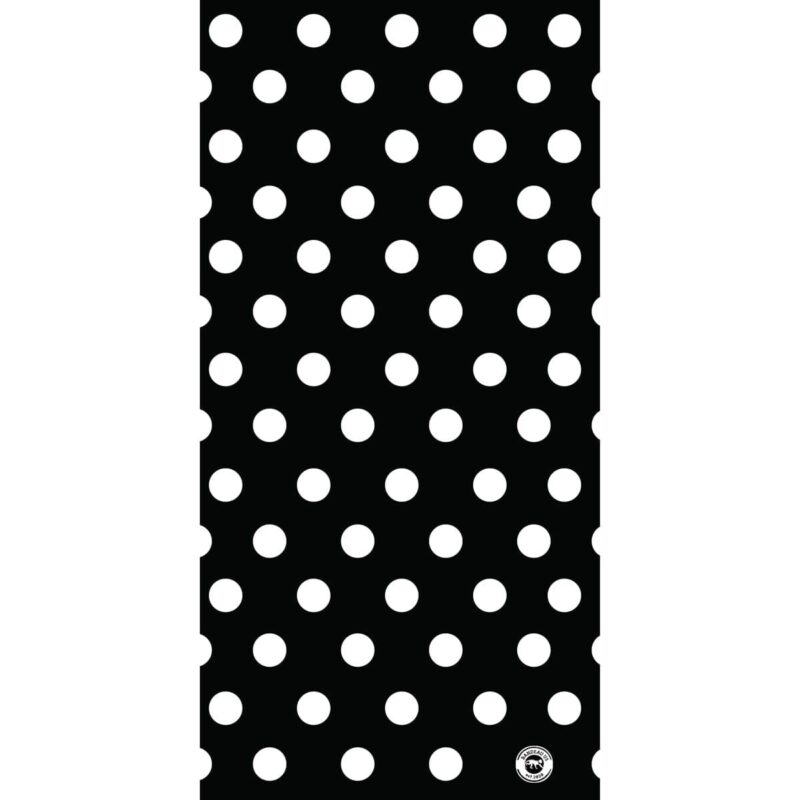 A black background features evenly spaced large white polka dots arranged in a grid pattern creating a bold contrasting design suitable for various decorative or fashion applications