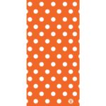 An orange fabric features evenly spaced white polka dots across its surface creating a playful pattern suitable for various decorative uses or clothing designs.