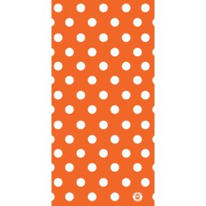 An orange fabric features evenly spaced white polka dots across its surface creating a playful pattern suitable for various decorative uses or clothing designs.