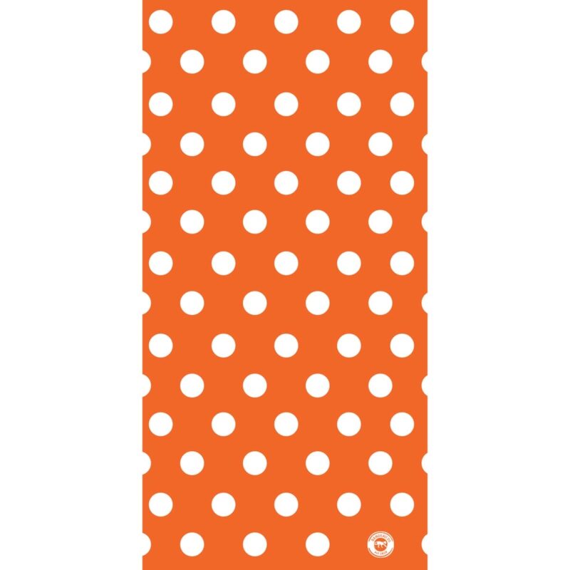 An orange fabric features evenly spaced white polka dots across its surface creating a playful pattern suitable for various decorative uses or clothing designs.
