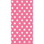 A pink background features evenly spaced white polka dots creating a playful design suitable for various decorative purposes in bright and cheerful contexts.
